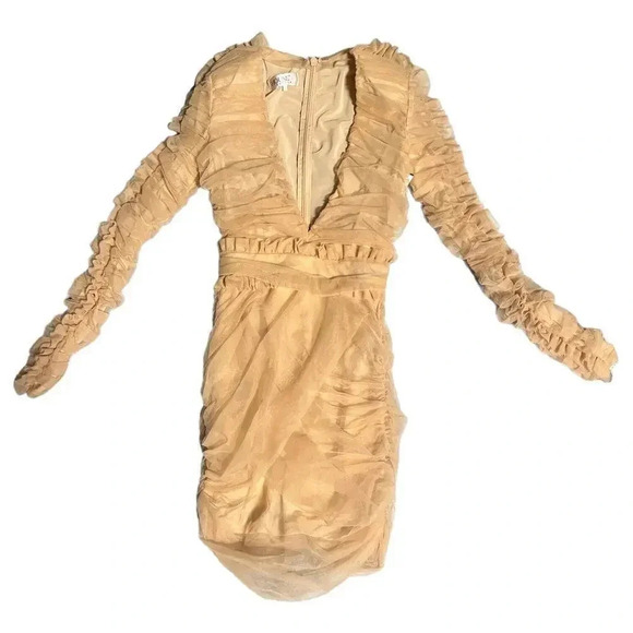 House of CB FLEUR Blush Pleated Tulle Deep V Dress , XS - Picture 2 of 12